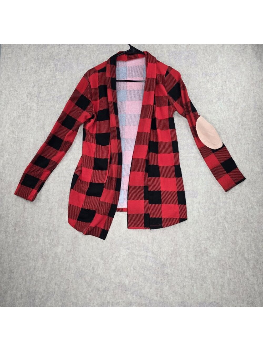 Plaid Open-Front Cardigan With Elbow Patches Red & Black Lightweight